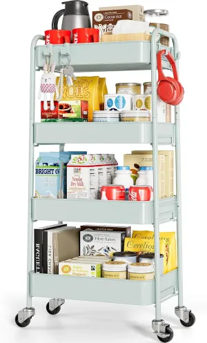 TOOLF 4-Tier Metal Rolling Cart with Wheels, Storage Utility Organizer Cart for Kitchen, Bathroom, Office, Baby Essentials & Makeup - Lockable Casters, Easy Assembly, 132 lbs Capacity, Green