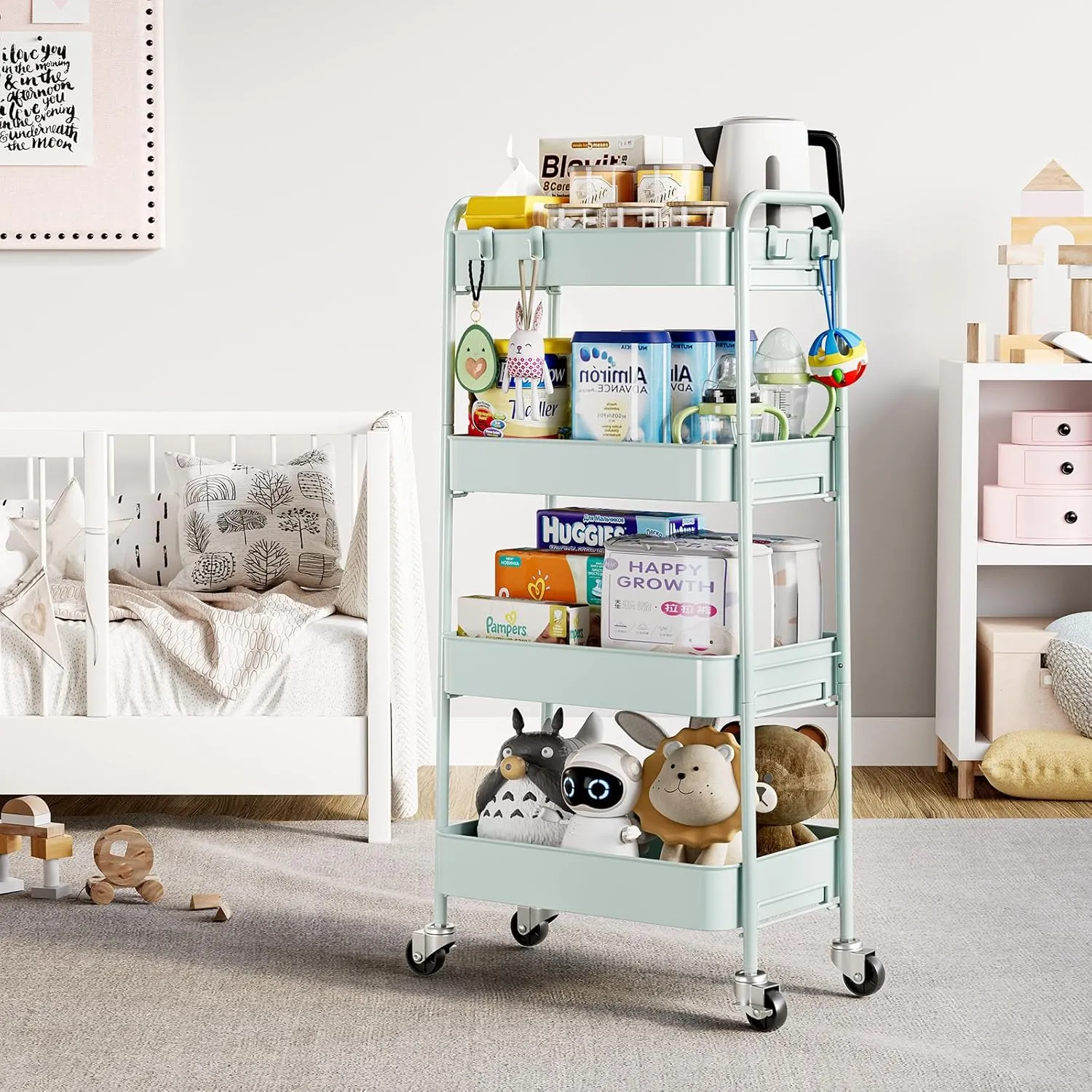 TOOLF 4-Tier Metal Rolling Cart with Wheels, Storage Utility Organizer Cart for Kitchen, Bathroom, Office, Baby Essentials & Makeup - Lockable Casters, Easy Assembly, 132 lbs Capacity, Green