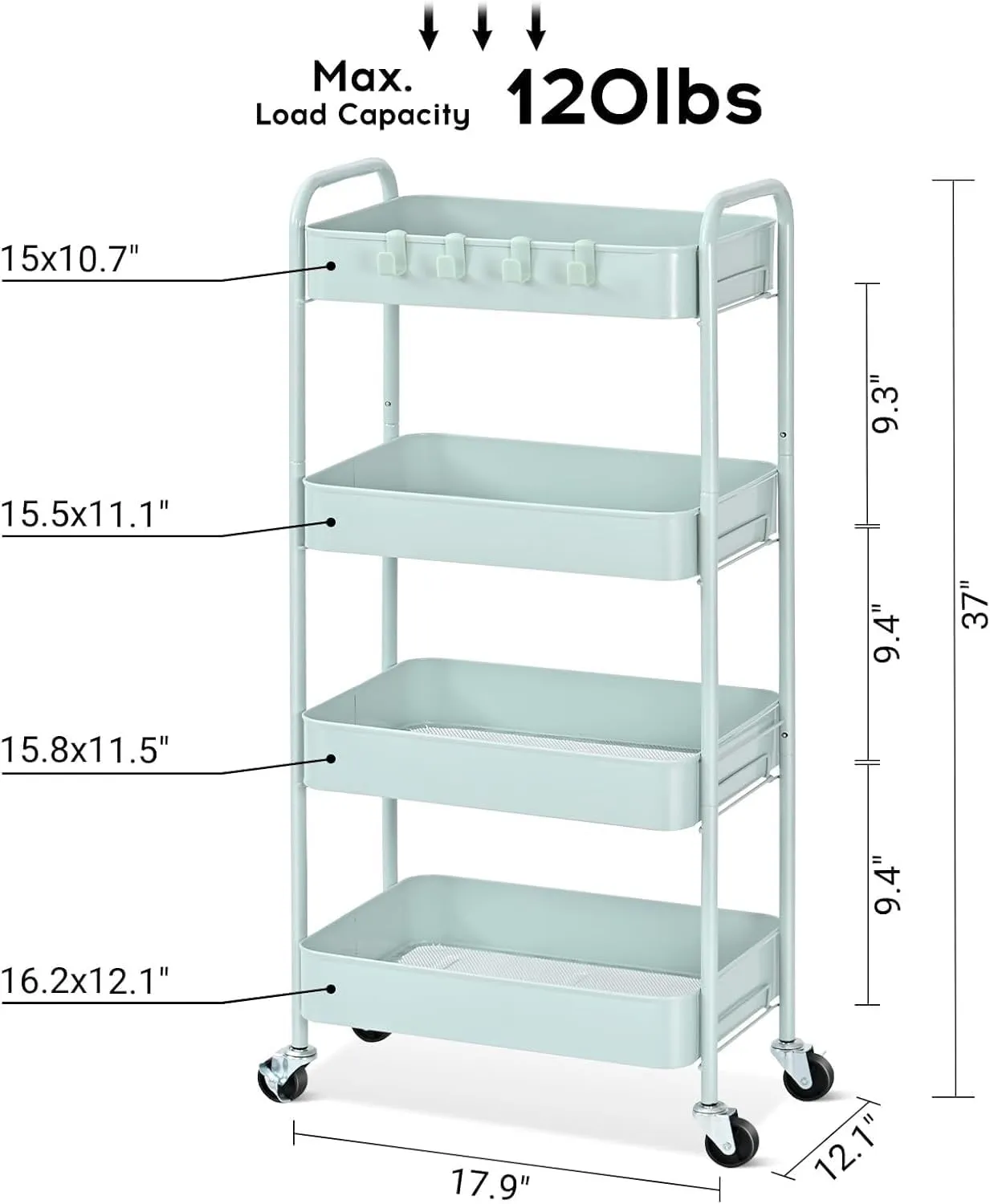 TOOLF 4-Tier Metal Rolling Cart with Wheels, Storage Utility Organizer Cart for Kitchen, Bathroom, Office, Baby Essentials & Makeup - Lockable Casters, Easy Assembly, 132 lbs Capacity, Green
