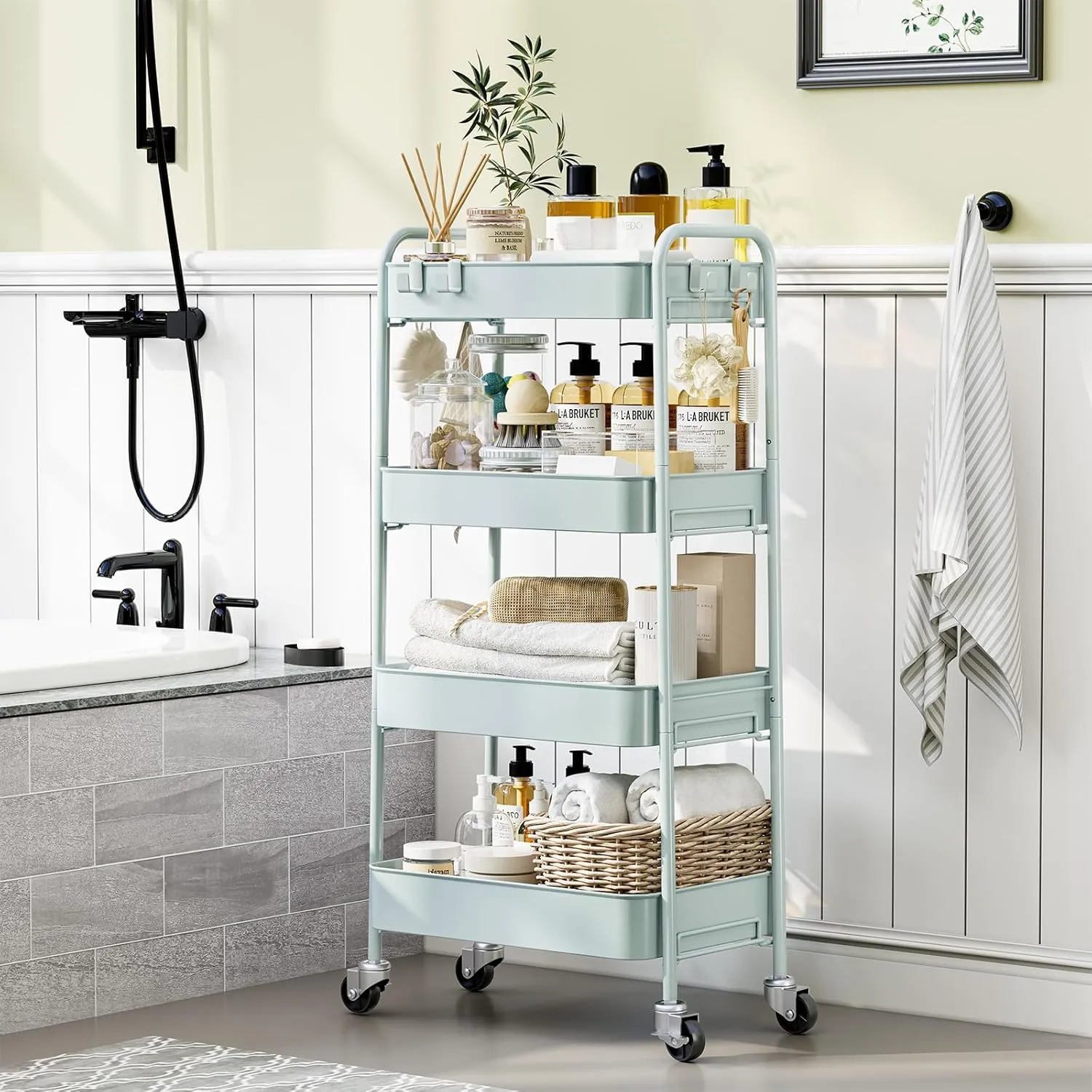 TOOLF 4-Tier Metal Rolling Cart with Wheels, Storage Utility Organizer Cart for Kitchen, Bathroom, Office, Baby Essentials & Makeup - Lockable Casters, Easy Assembly, 132 lbs Capacity, Green