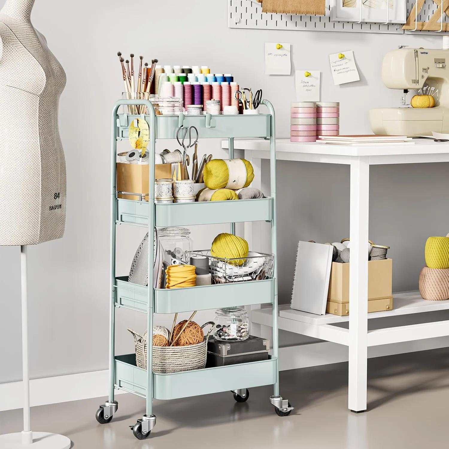 TOOLF 4-Tier Metal Rolling Cart with Wheels, Storage Utility Organizer Cart for Kitchen, Bathroom, Office, Baby Essentials & Makeup - Lockable Casters, Easy Assembly, 132 lbs Capacity, Green