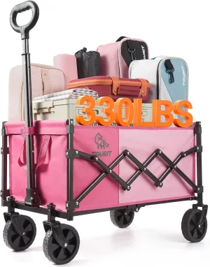 TOURIT Foldable Collapsible Wagon with All Terrain Wheels, Heavy Duty Portable Cart for Camping Beach Shopping, 330 lbs Capacity Utility Cart, Pink