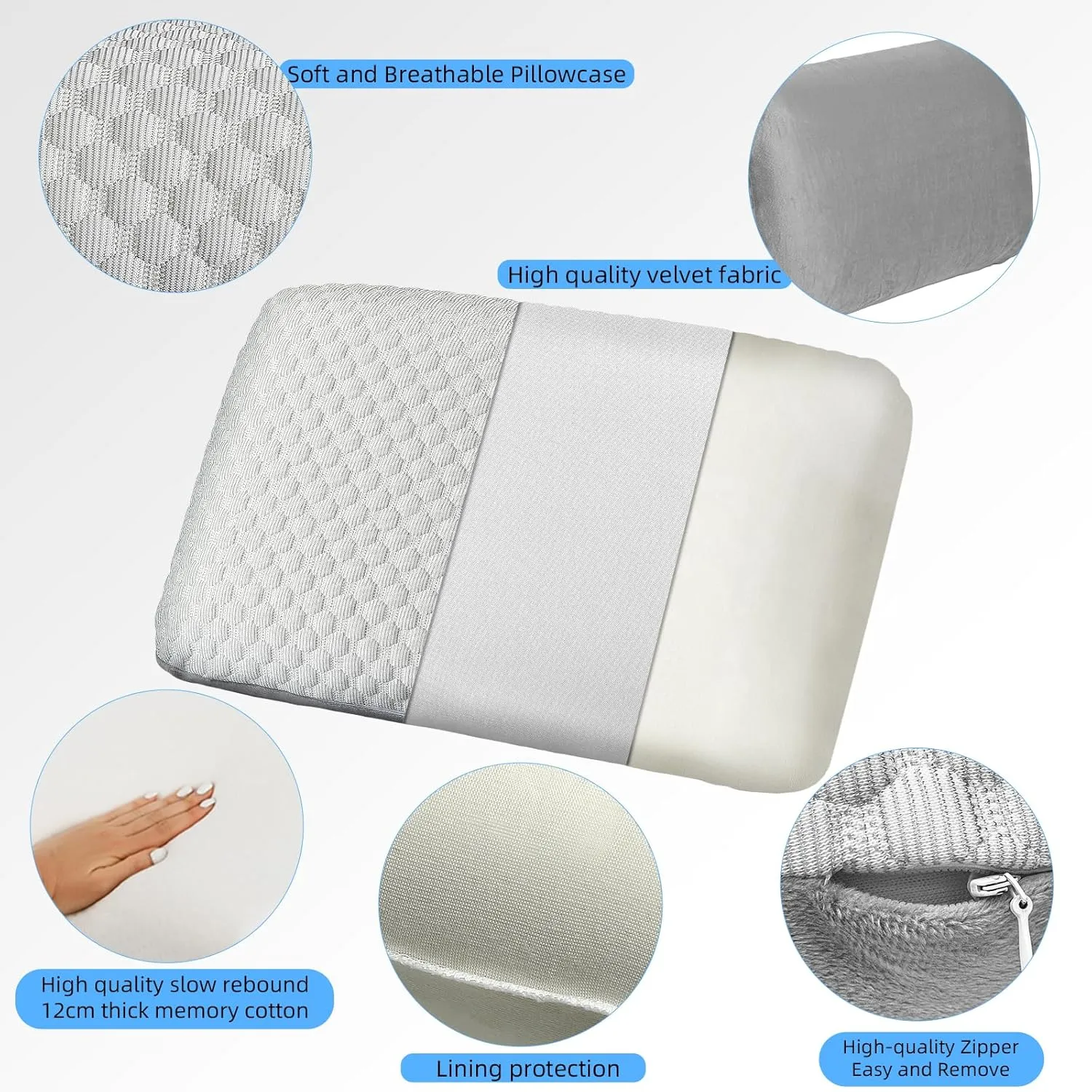Travel and Camping Pillow- Compressible Medium Firm Memory Foam Pillow with Carry Bag for Backpacking & Airplane, Lumbar Support. Breathable Cooling Fabric, Washable Pillowcase (Royal Silver)