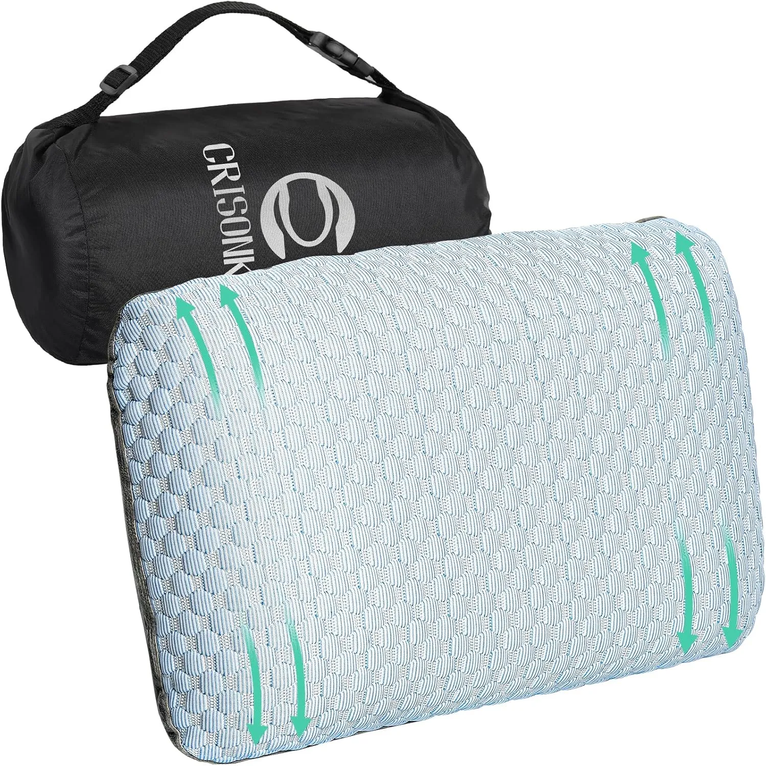 Travel and Camping Pillow- Compressible Medium Firm Memory Foam Pillow with Carry Bag for Backpacking & Airplane, Lumbar Support. Breathable Cooling Fabric, Washable Pillowcase (Wathet Blue)