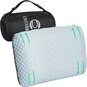Travel and Camping Pillow- Compressible Medium Firm Memory Foam Pillow with Carry Bag for Backpacking & Airplane, Lumbar Support. Breathable Cooling Fabric, Washable Pillowcase (Wathet Blue)