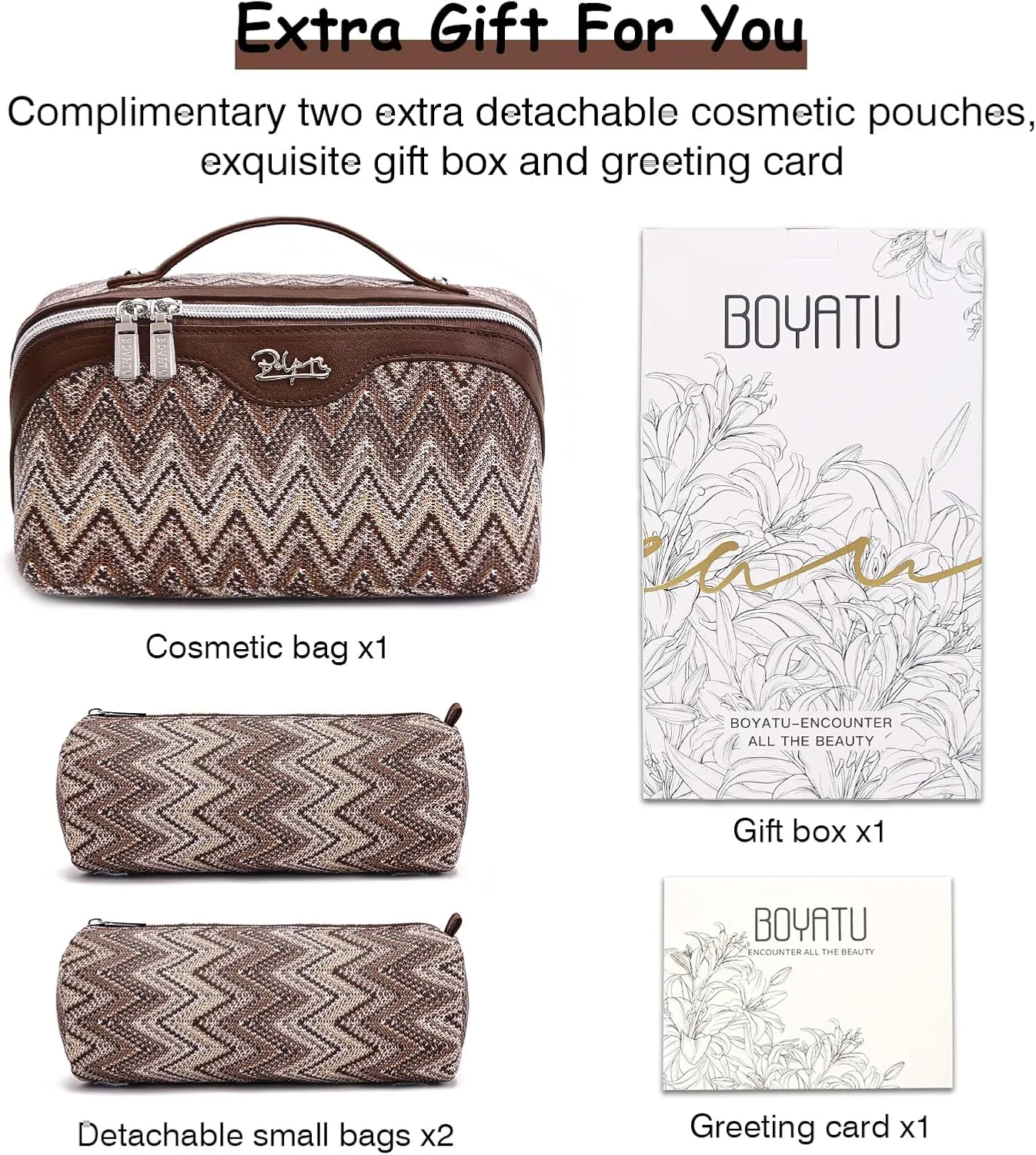 Travel Cosmetic Bag Makeup Bags for Women: Western Boho Makeup Bag Set of 3 - Large Vegan Leather Cosmetic Organizer Bags with Compartments & Handle & Divider(Brown)