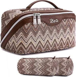Travel Cosmetic Bag Makeup Bags for Women: Western Boho Makeup Bag Set of 3 - Large Vegan Leather Cosmetic Organizer Bags with Compartments & Handle & Divider(Brown)