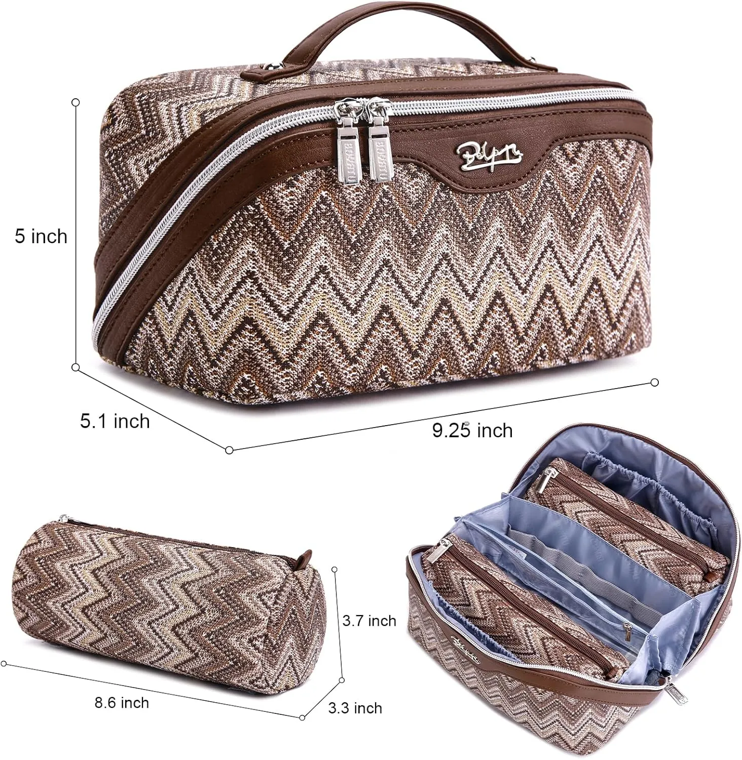 Travel Cosmetic Bag Makeup Bags for Women: Western Boho Makeup Bag Set of 3 - Large Vegan Leather Cosmetic Organizer Bags with Compartments & Handle & Divider(Brown)