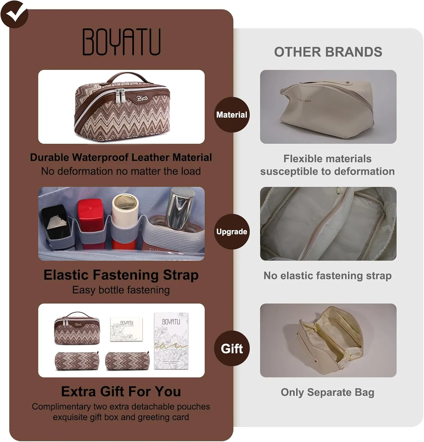Travel Cosmetic Bag Makeup Bags for Women: Western Boho Makeup Bag Set of 3 - Large Vegan Leather Cosmetic Organizer Bags with Compartments & Handle & Divider(Brown)