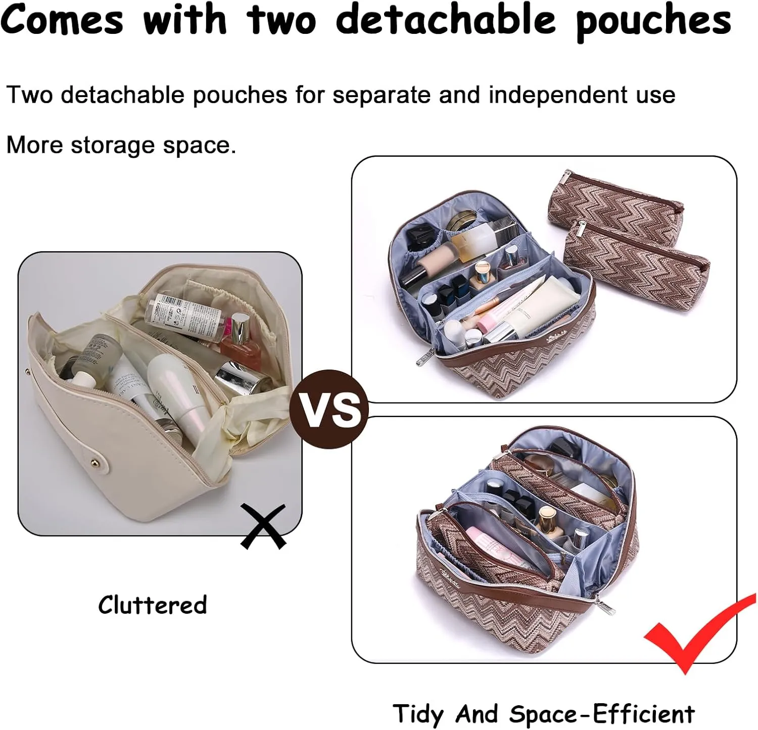 Travel Cosmetic Bag Makeup Bags for Women: Western Boho Makeup Bag Set of 3 - Large Vegan Leather Cosmetic Organizer Bags with Compartments & Handle & Divider(Brown)