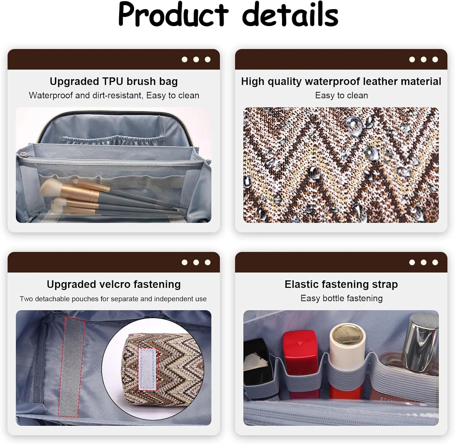 Travel Cosmetic Bag Makeup Bags for Women: Western Boho Makeup Bag Set of 3 - Large Vegan Leather Cosmetic Organizer Bags with Compartments & Handle & Divider(Brown)