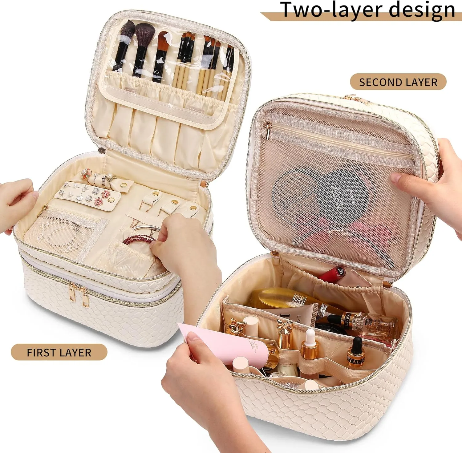 Travel Makeup Bag for Women Double Layer Cosmetic Bag with Jewelry Organizer Large Waterproof Toiletry Bag for Traveling Portable Makeup Storage Box (A/Offwhite)
