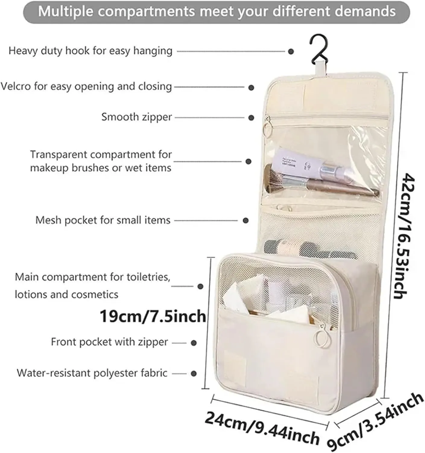 Travel Makeup Bag Waterproof Toiletries Organizer Women Neceser Bathroom Hook Wash Pouch Hook Makeup Storage Bag(Light Blue)