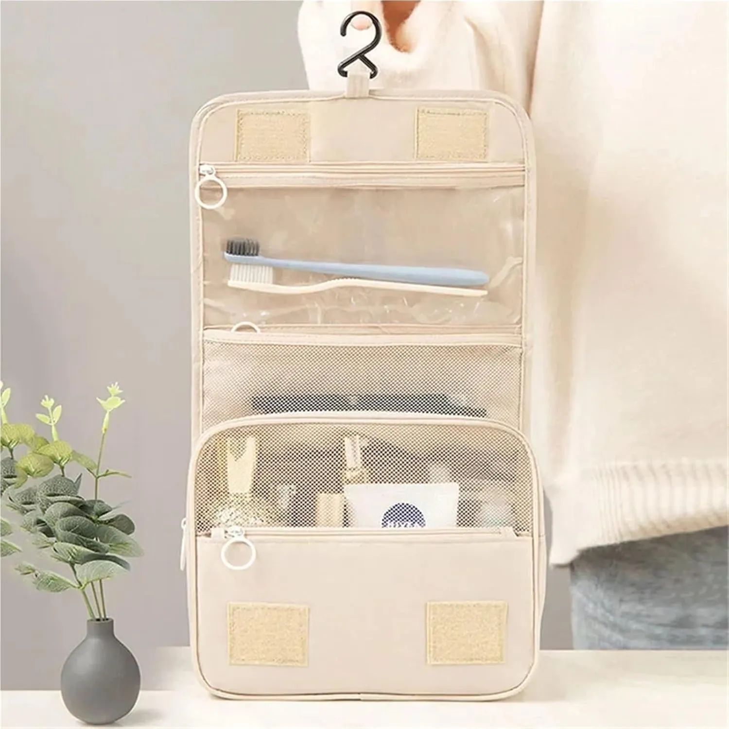 Travel Makeup Bag Waterproof Toiletries Organizer Women Neceser Bathroom Hook Wash Pouch Hook Makeup Storage Bag(Light Blue)
