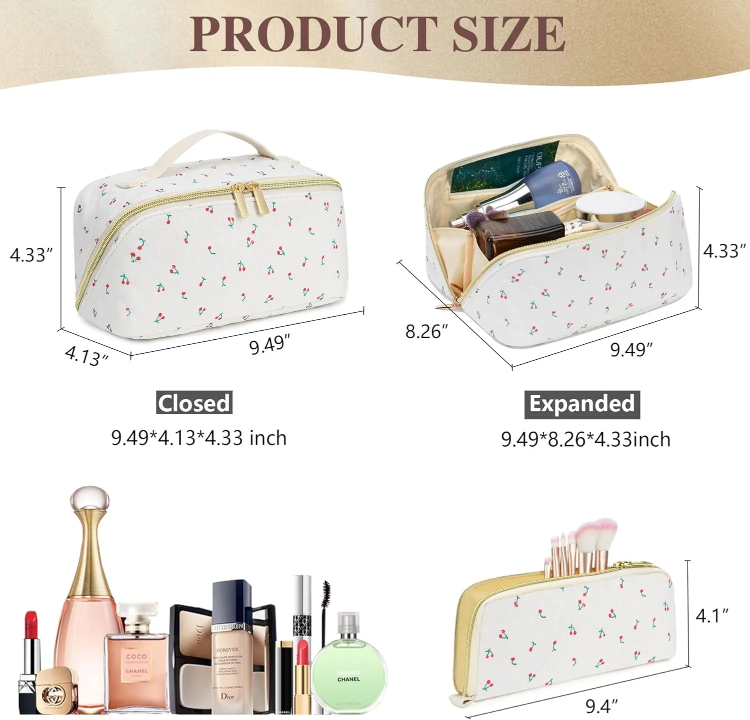 Travel Makeup Bags Cosmetic Organizer Bag 2-Set Large Capacity Make up Bag - Corduroy Toiletry Bag for Women - Wide Open Portable Pouch with Divider & Handle (Cherry)
