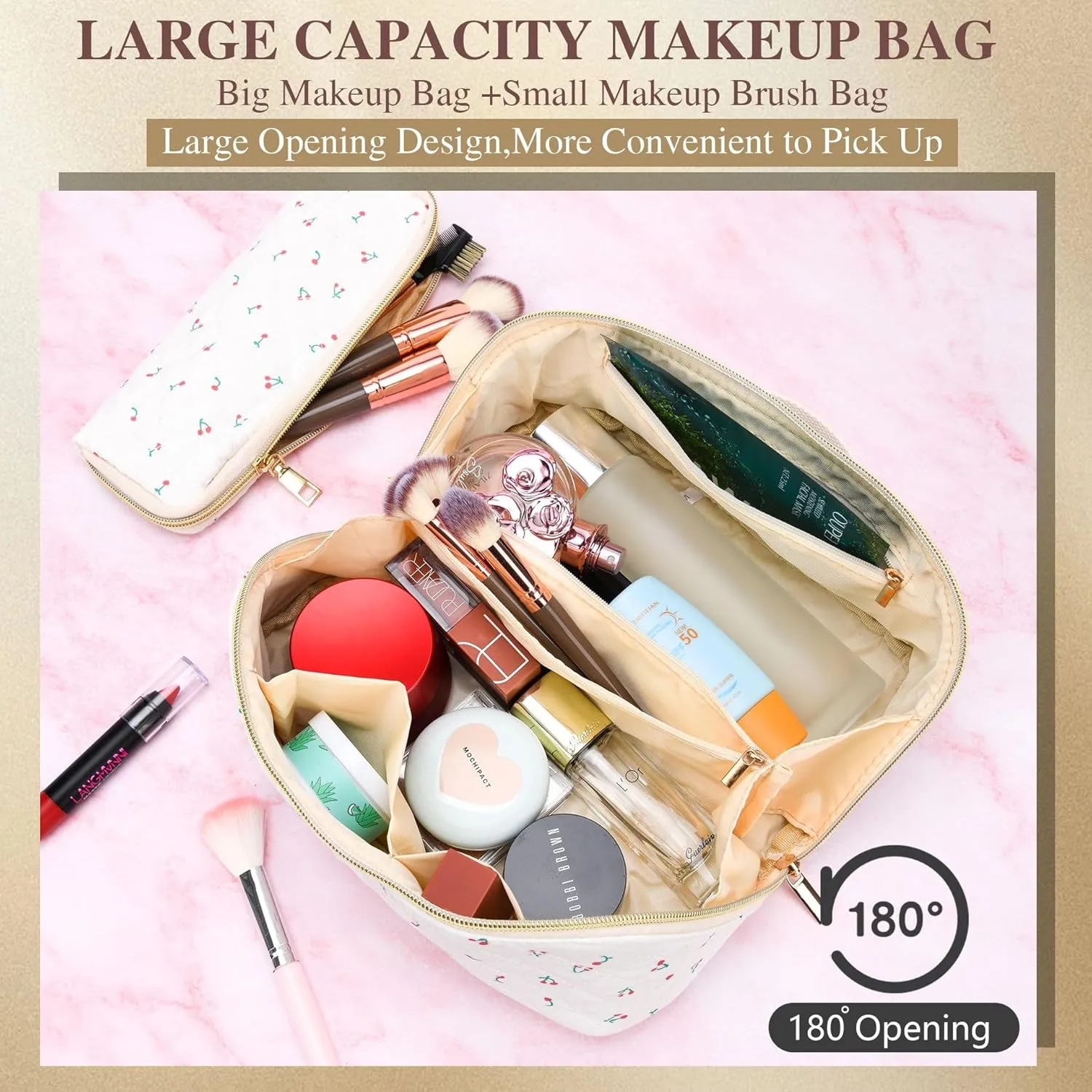 Travel Makeup Bags Cosmetic Organizer Bag 2-Set Large Capacity Make up Bag - Corduroy Toiletry Bag for Women - Wide Open Portable Pouch with Divider & Handle (Cherry)