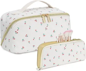 Travel Makeup Bags Cosmetic Organizer Bag 2-Set Large Capacity Make up Bag - Corduroy Toiletry Bag for Women - Wide Open Portable Pouch with Divider & Handle (Cherry)