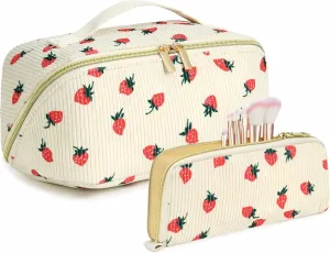 Travel Makeup Bags Cosmetic Organizer Bag 2-Set Large Capacity Make up Bag - Corduroy Toiletry Bag for Women - Wide Open Portable Pouch with Divider & Handle (Strawberries)