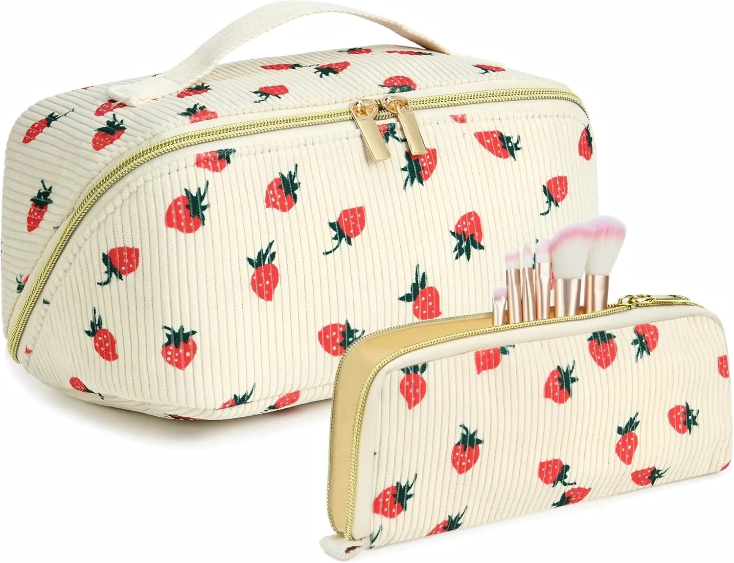 Travel Makeup Bags Cosmetic Organizer Bag 2-Set Large Capacity Make up Bag - Corduroy Toiletry Bag for Women - Wide Open Portable Pouch with Divider & Handle (Strawberries)