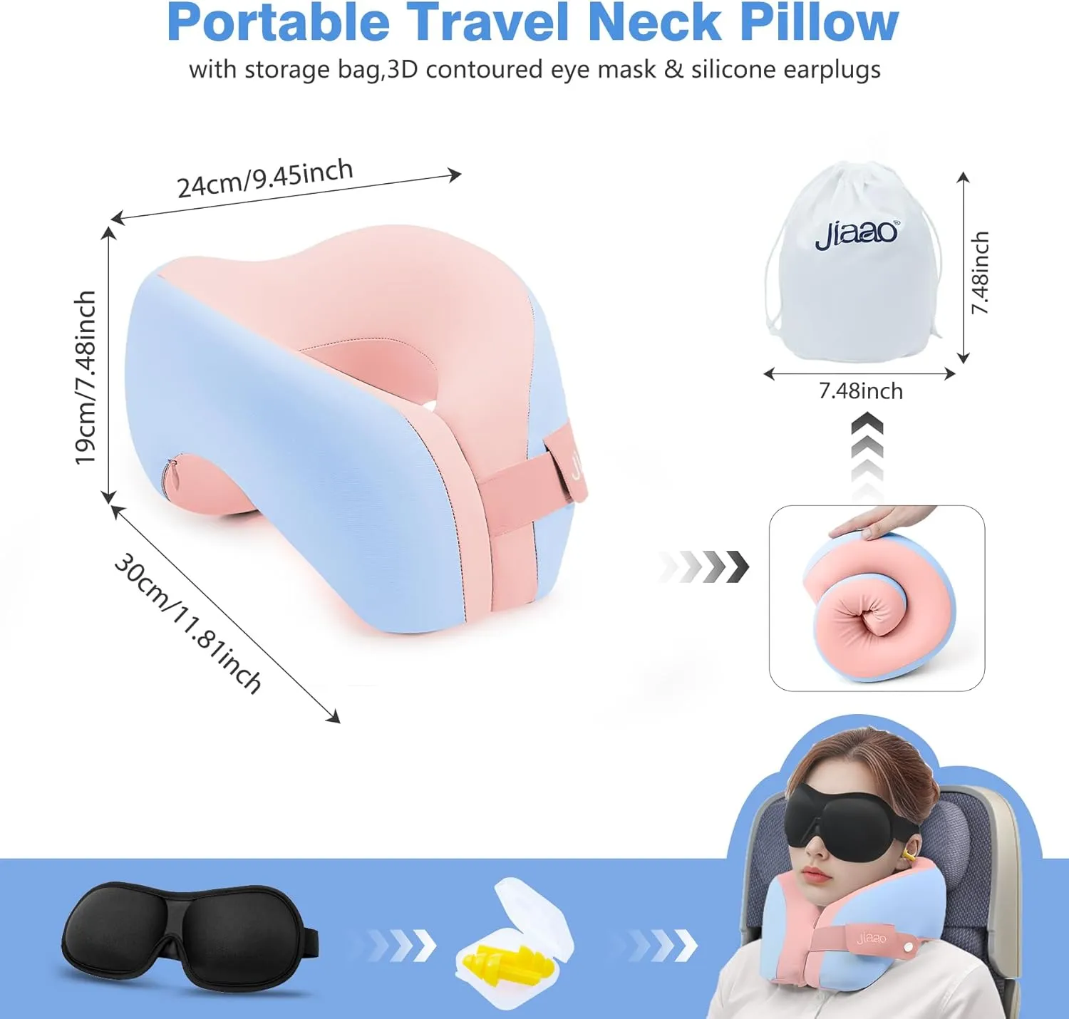 Travel Neck Pillow, Ergonomic Airplane Pillow for International Flights, Travel Essentials with 3D Eye Masks, Ear Plugs and Storage Bag, U Shaped Neck Support for Road Trips, Camping, Train