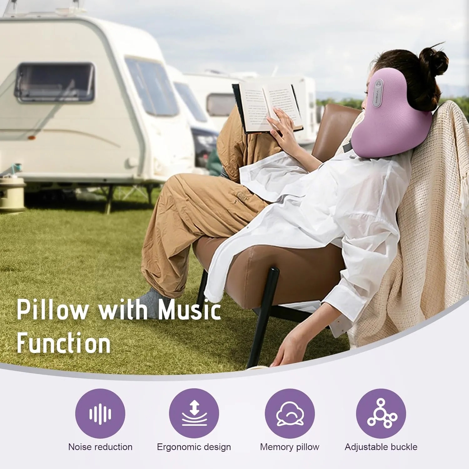 Travel Neck Pillow with Bluetooth Headset, Memory Foam Airplane Pillow for Head Support, Ergonomic Design Traveling Music Pillow for Home, Flight, Car with Adjustable Buckle and Drawstring Bag(Purple)
