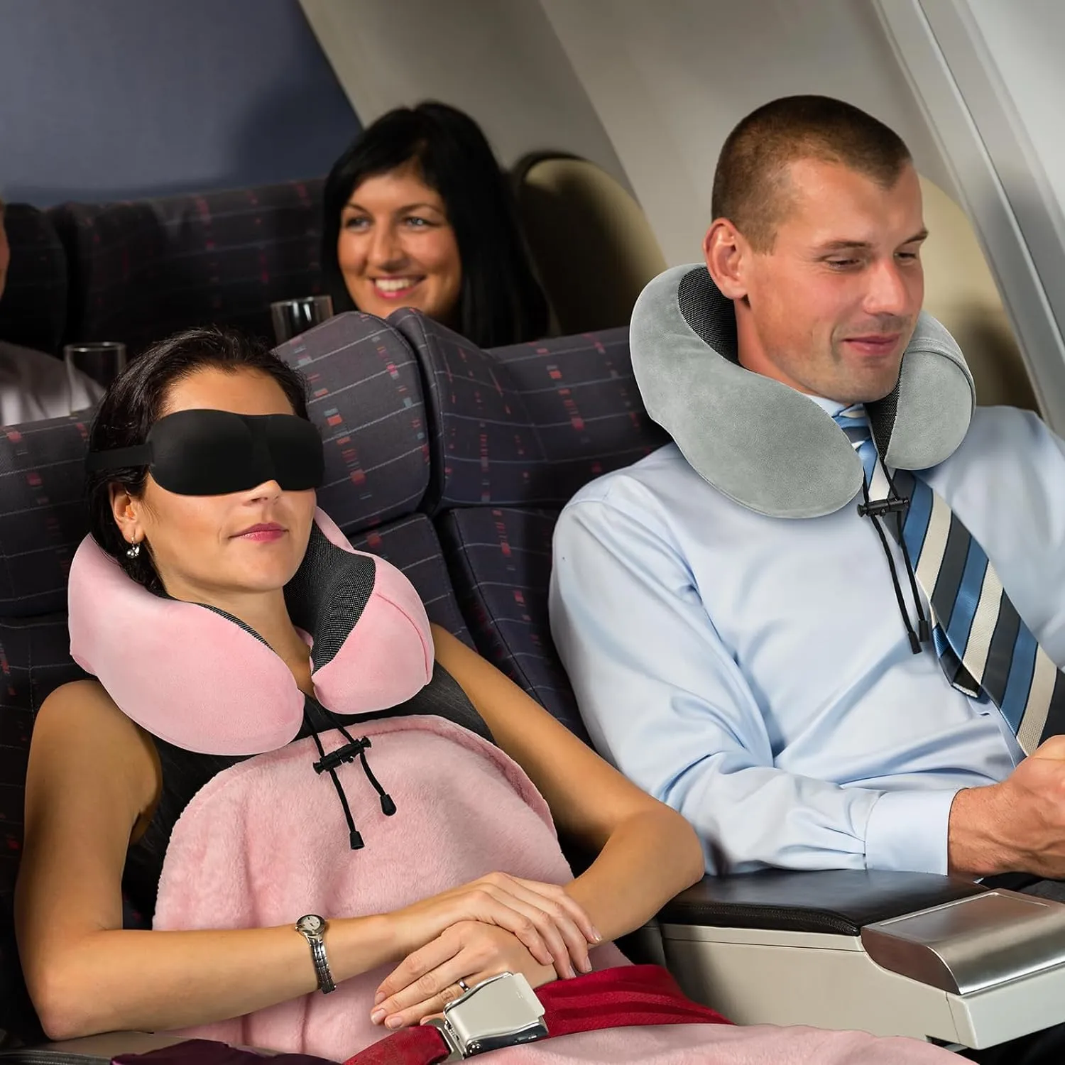 Travel Pillow and Blanket Set Neck Pillows Travel Essentials with Sleep Mask for Airplane Car Memory Foam Pink