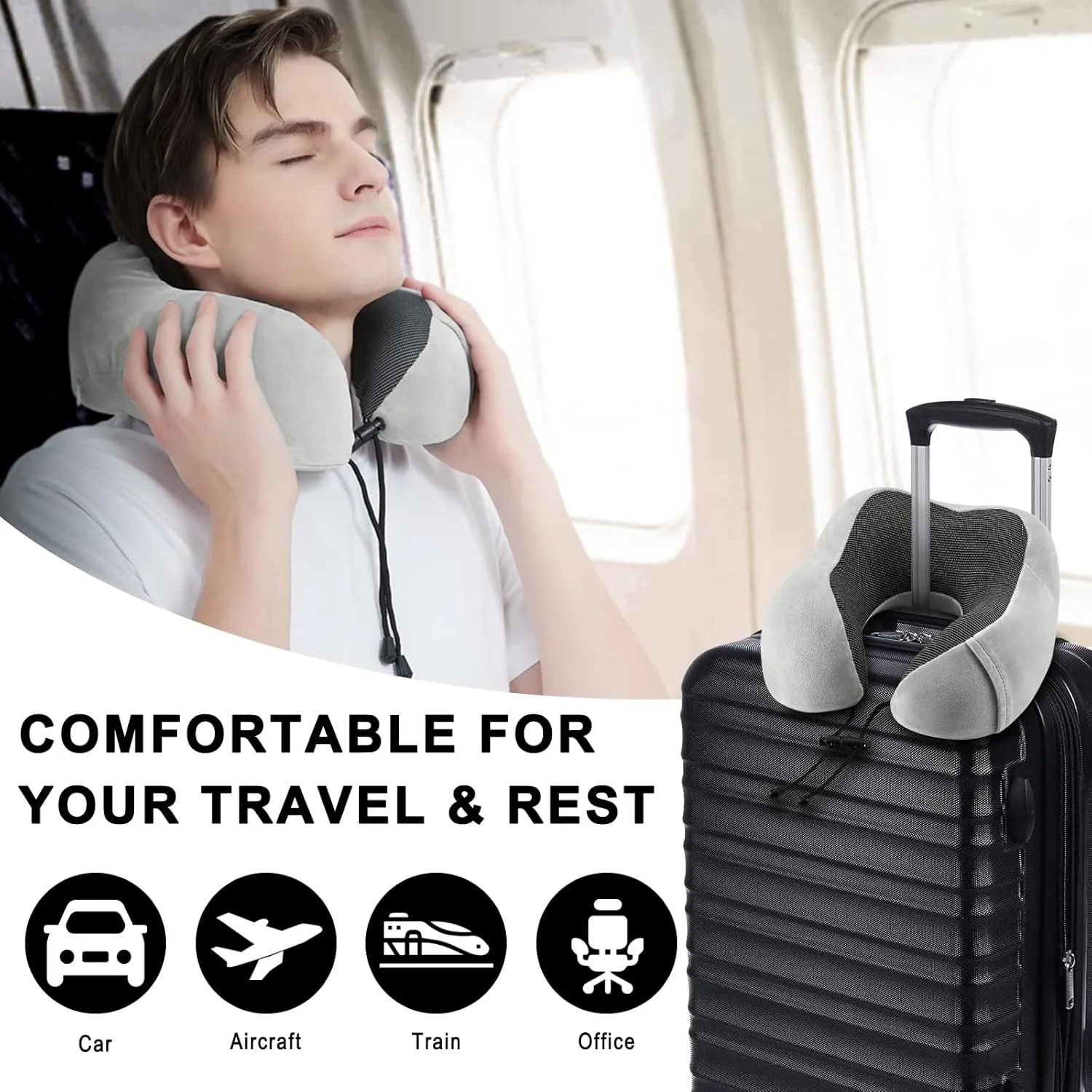 Travel Pillow for Airplane-2 Pack Memory Foam Neck Pillows, Soft & Support Travel Essentials for Travelling, Sleeping Rest, Car, Train and Home Use(Grey&Blue)