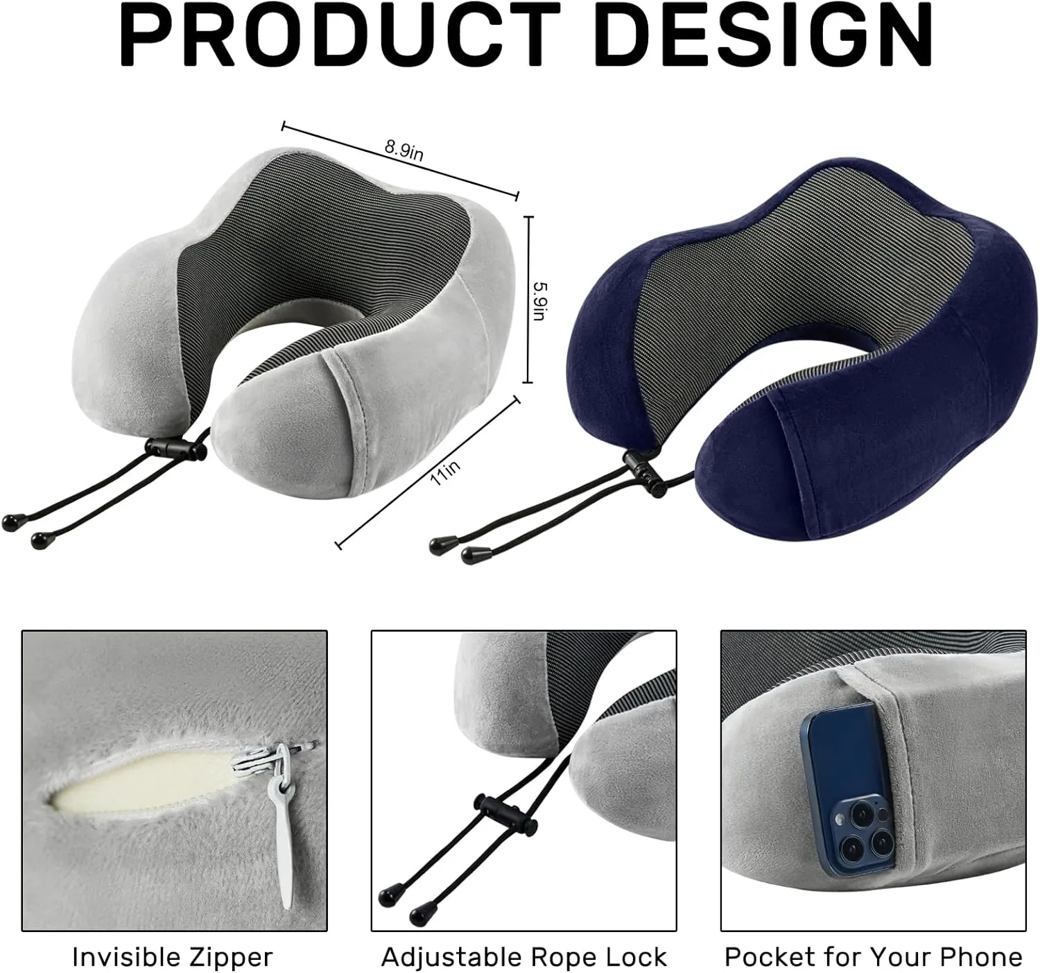 Travel Pillow for Airplane-2 Pack Memory Foam Neck Pillows, Soft & Support Travel Essentials for Travelling, Sleeping Rest, Car, Train and Home Use(Grey&Blue)