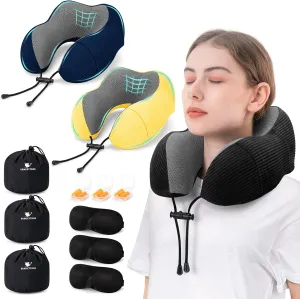 Travel Pillow for Airplane Foam Pillow, 3 Pack Neck Pillow for Travelling with Eye Mask, Earplugs and Storage Bag, Sleeping Rest, Car, Train and Home Use Baby Fleece, Black&Blue&Yellow