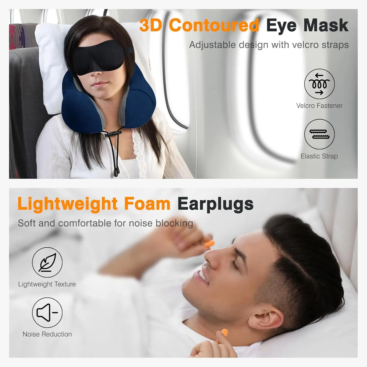 Travel Pillow for Airplane Foam Pillow, 3 Pack Neck Pillow for Travelling with Eye Mask, Earplugs and Storage Bag, Sleeping Rest, Car, Train and Home Use Baby Fleece, Black&Blue&Yellow