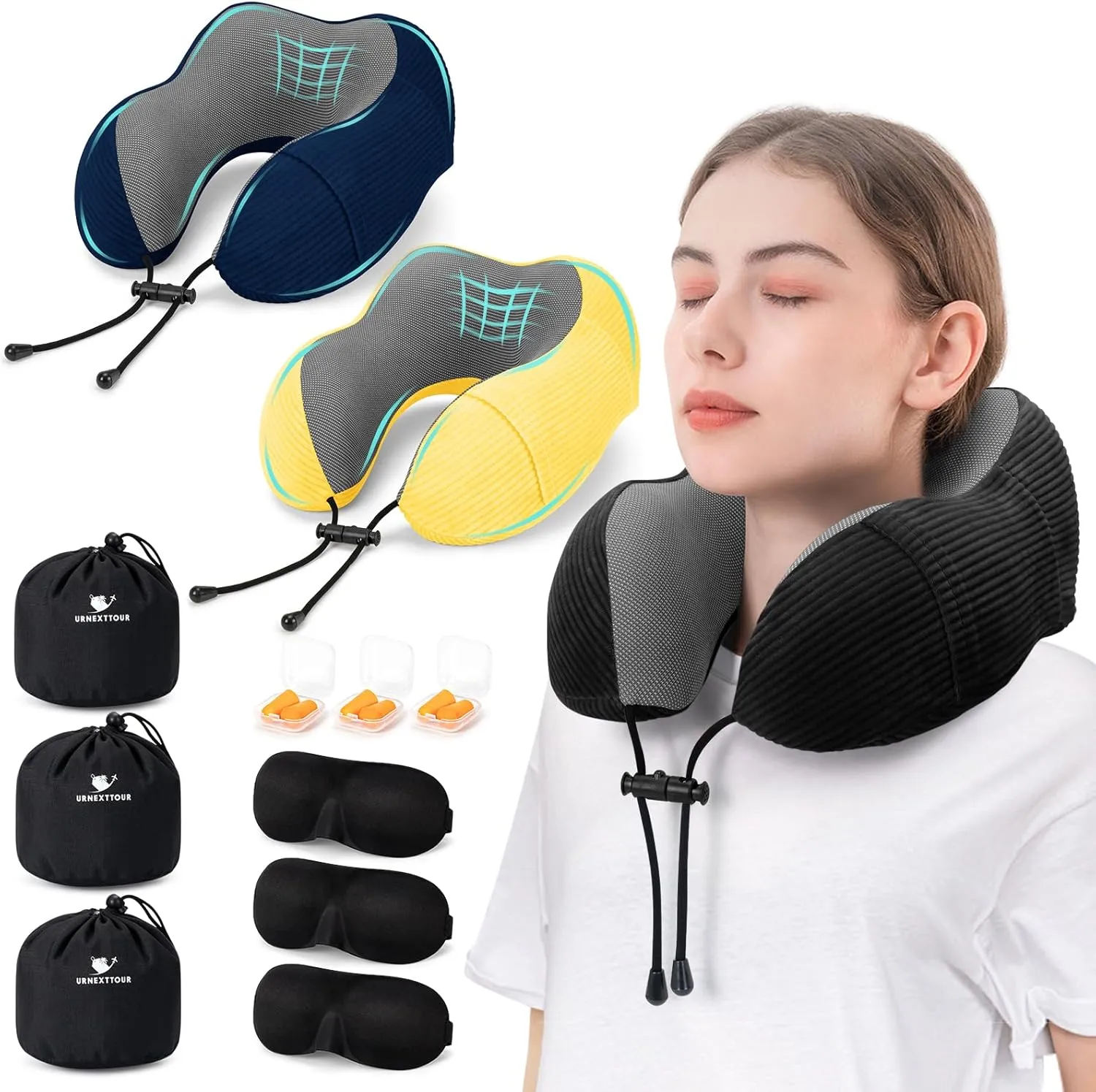 Travel Pillow for Airplane Foam Pillow, 3 Pack Neck Pillow for Travelling with Eye Mask, Earplugs and Storage Bag, Sleeping Rest, Car, Train and Home Use Baby Fleece, Black&Blue&Yellow