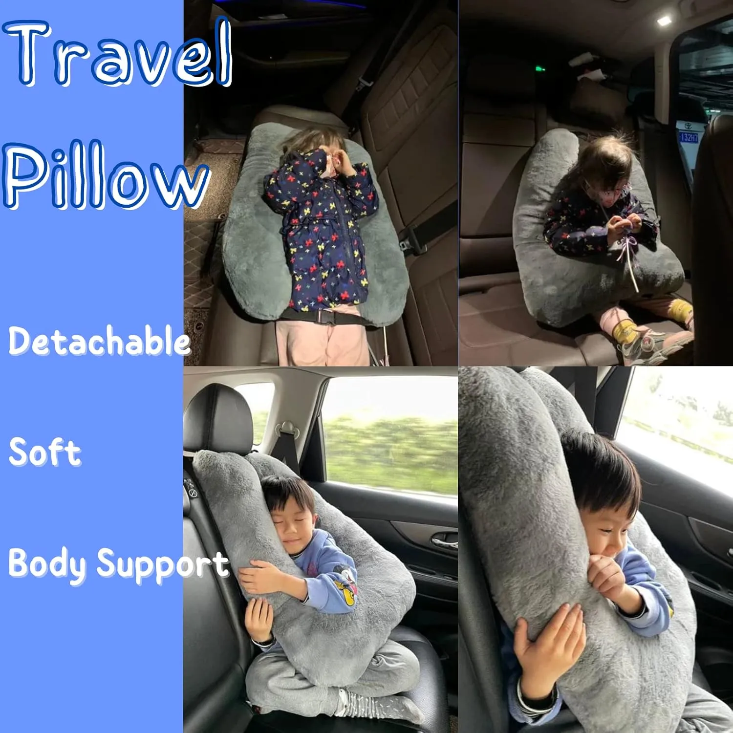 Travel Pillow for Car & Airplane Sleeping Reading Pillows for Long-Distance Travel, Washable Soft Kids Adults Neck Pillow for Traveling in Car Seat Removable Comfort Unique U Shaped Pillow (Blue)