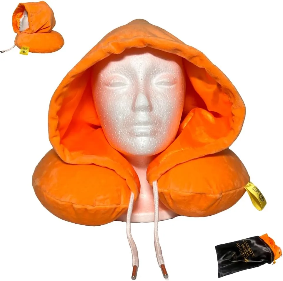 Travel Pillow for Sleeping, Neck Pillows For Airplane, Neck Travel Pillow with Hood Satin Lined Style Protectant for Braids and Locs Vacation, Memory Foam Travel Pillow (Sherbert Orange)