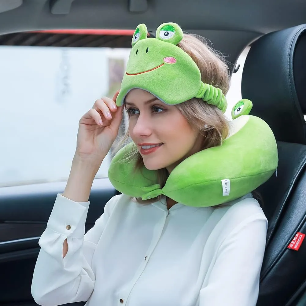 Travel Pillow, Memory Foam Neck Pillow with 360-Degree Head Support Comfortable Airplane Pillow with Storage Bag Lightweight Traveling Pillow for Sleeping, Car, Train, Bus and Home Use (Frog)