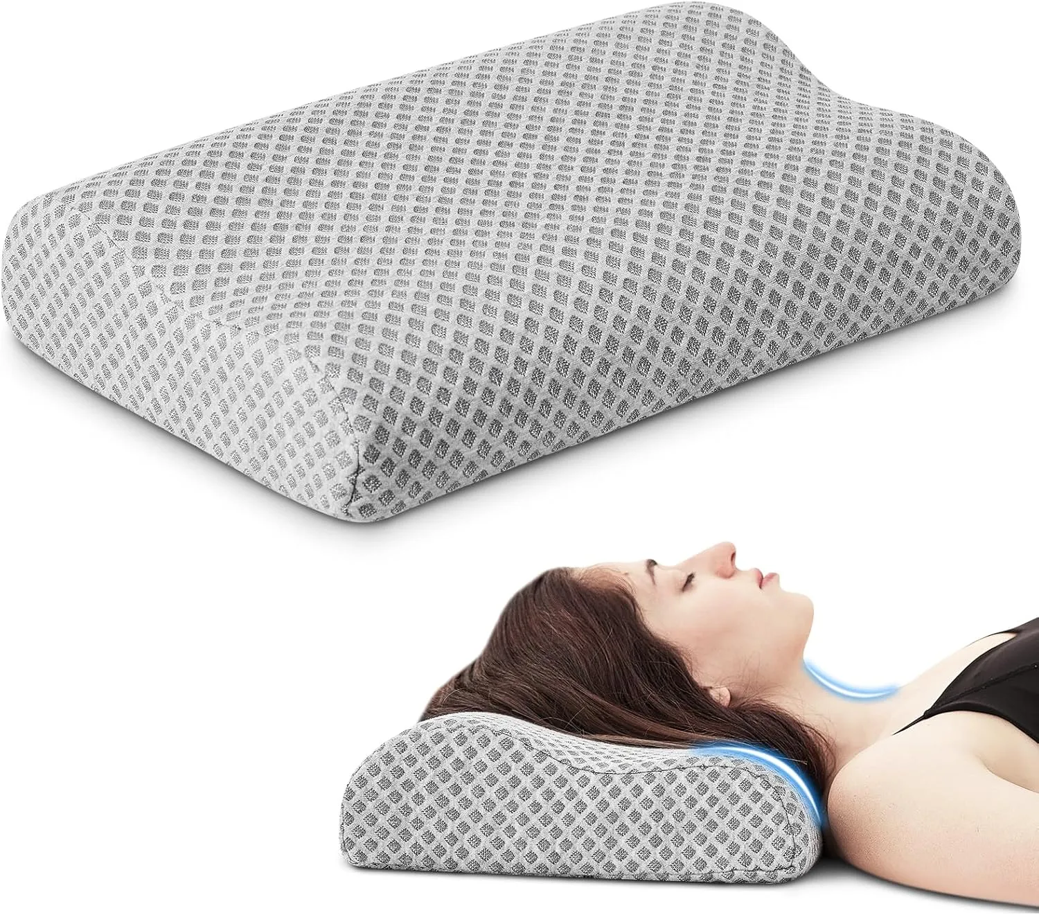 Travel Pillow Memory Foam Pillows, Ergonomic Wave Cervical Neck Pillow for Neck Pain Relief, Compressible Medium Firm Side Sleeper Pillow, Ideal for Camping, Office, Home & Bed (Light Grey, S)