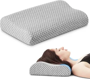 Travel Pillow Memory Foam Pillows, Ergonomic Wave Cervical Neck Pillow for Neck Pain Relief, Compressible Medium Firm Side Sleeper Pillow, Ideal for Camping, Office, Home & Bed (Light Grey, S)