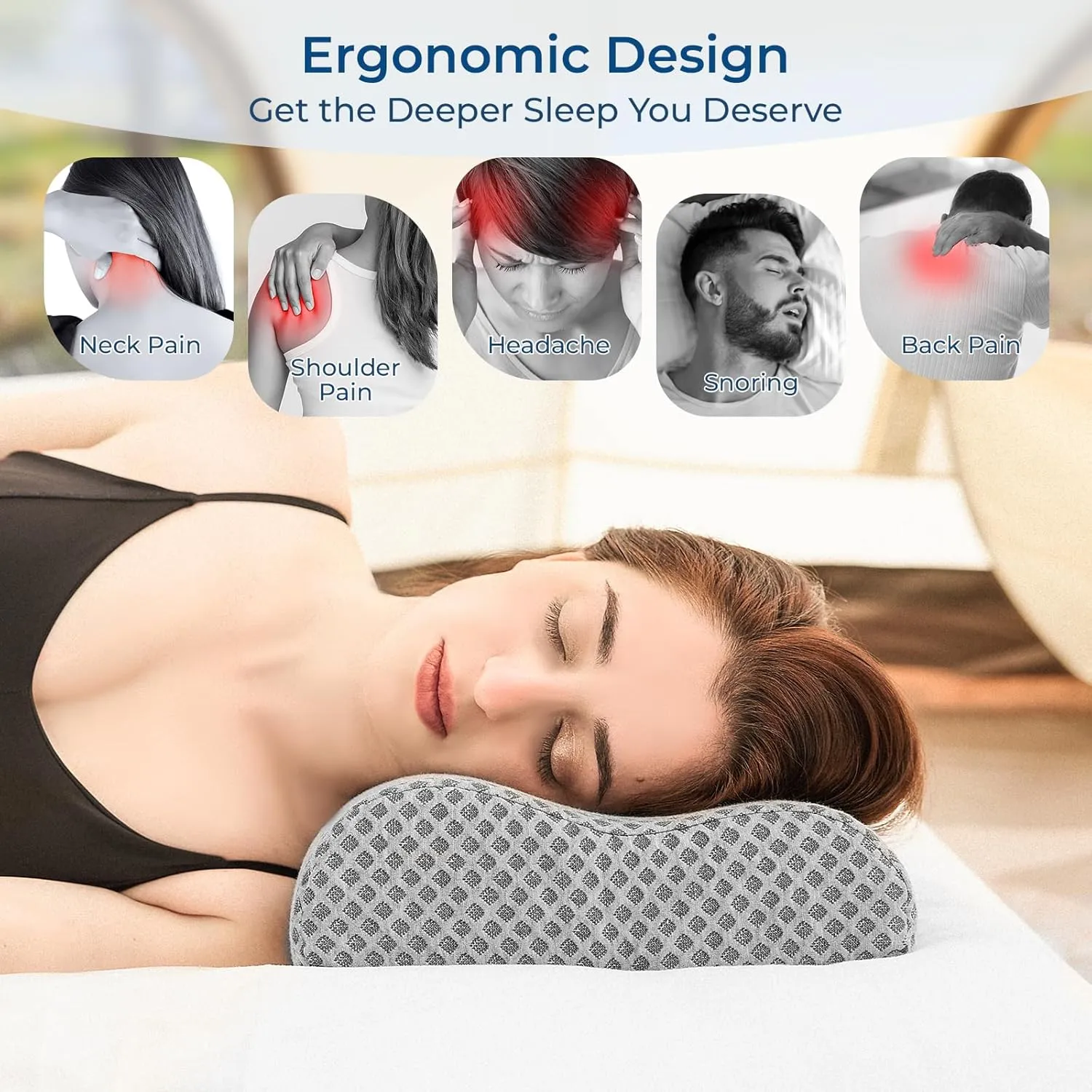 Travel Pillow Memory Foam Pillows, Ergonomic Wave Cervical Neck Pillow for Neck Pain Relief, Compressible Medium Firm Side Sleeper Pillow, Ideal for Camping, Office, Home & Bed (Light Grey, S)