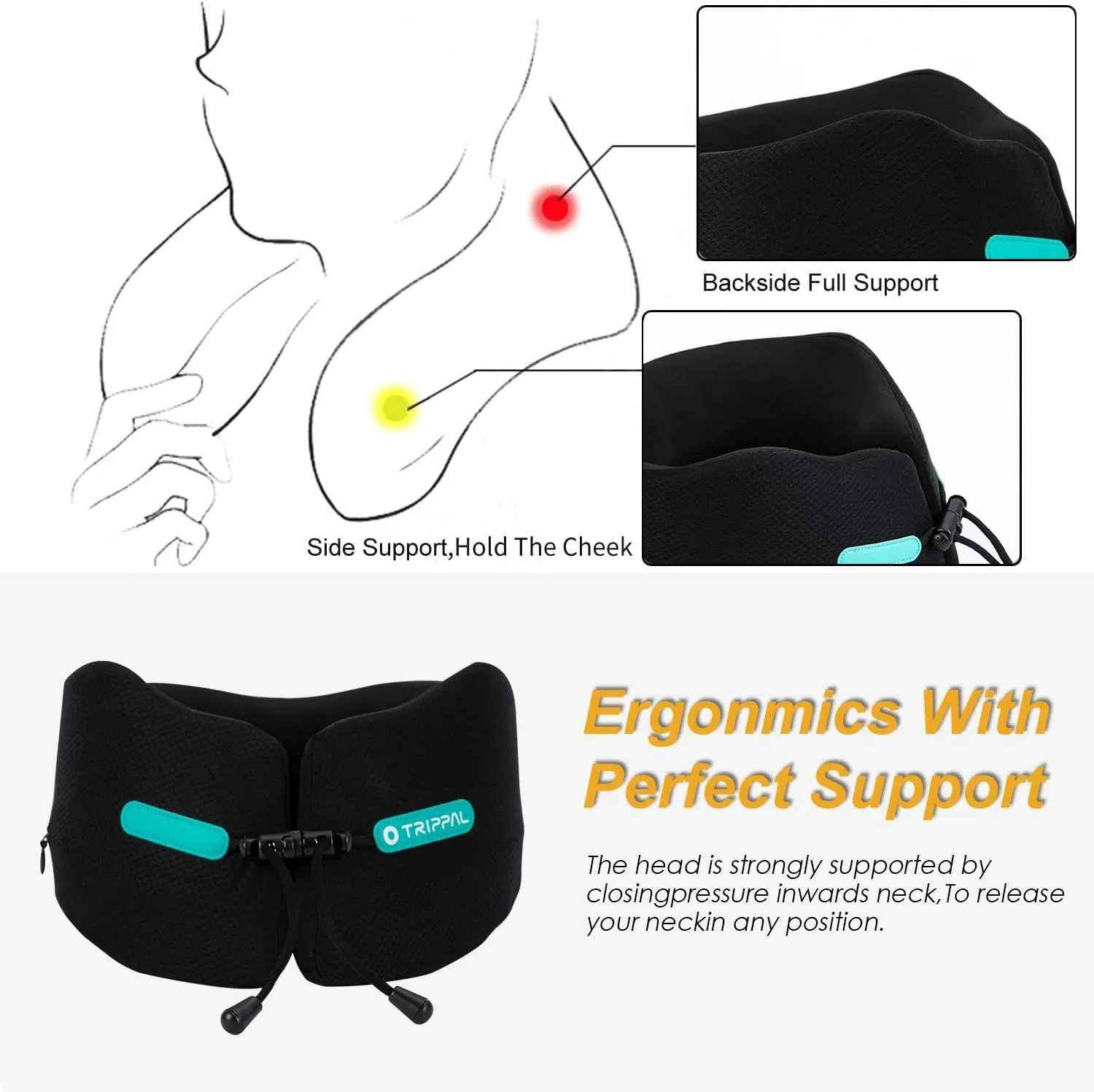 Travel Pillows for Sleeping Airplane Neck Chin Head Support Memory Foam Travel Neck Pillows for Long Flights Airplane Car Home Office Game, Black S