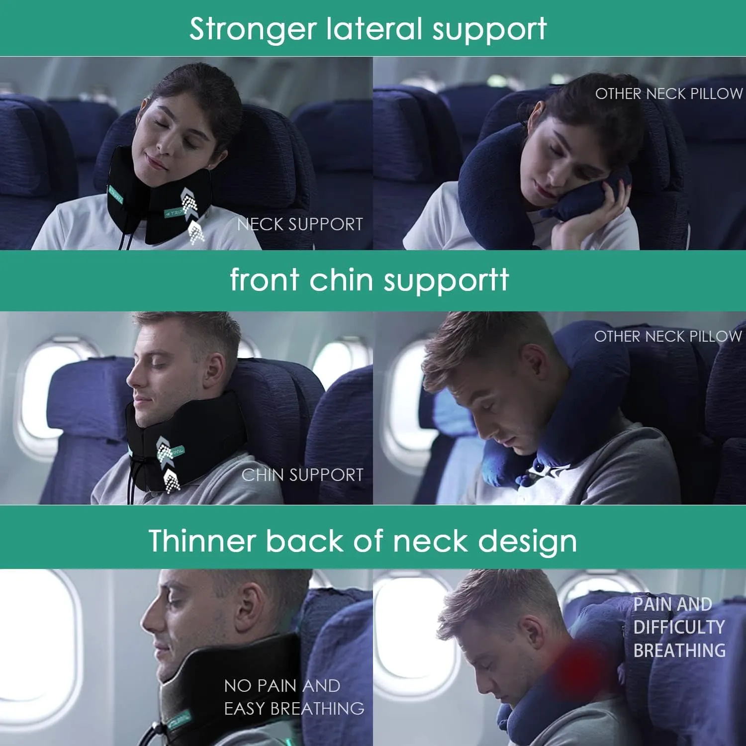 Travel Pillows for Sleeping Airplane Neck Chin Head Support Memory Foam Travel Neck Pillows for Long Flights Airplane Car Home Office Game, Black S