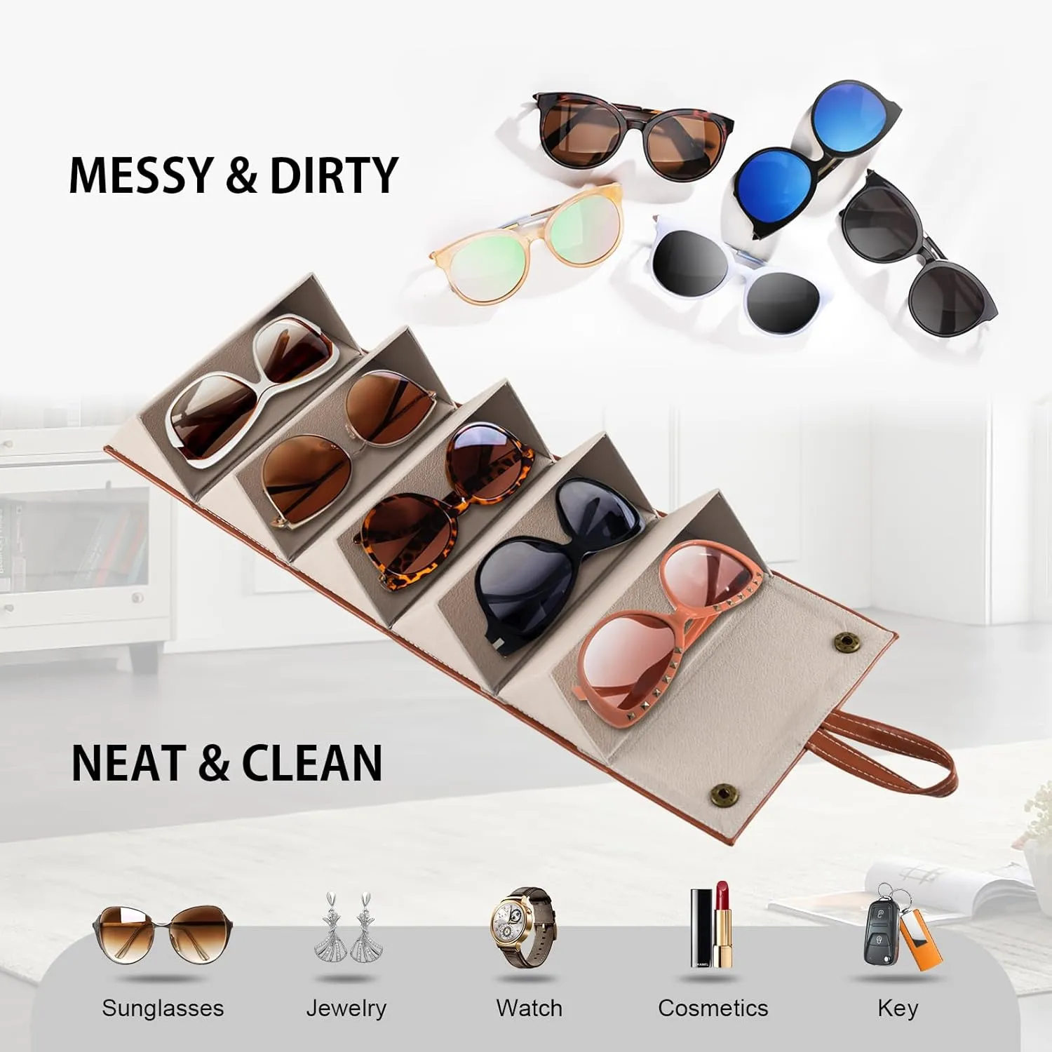 Travel Sunglasses Organizer Case with 5 Slots for Multiple Pairs, Portable Eyeglasses Storage for Men & Women
