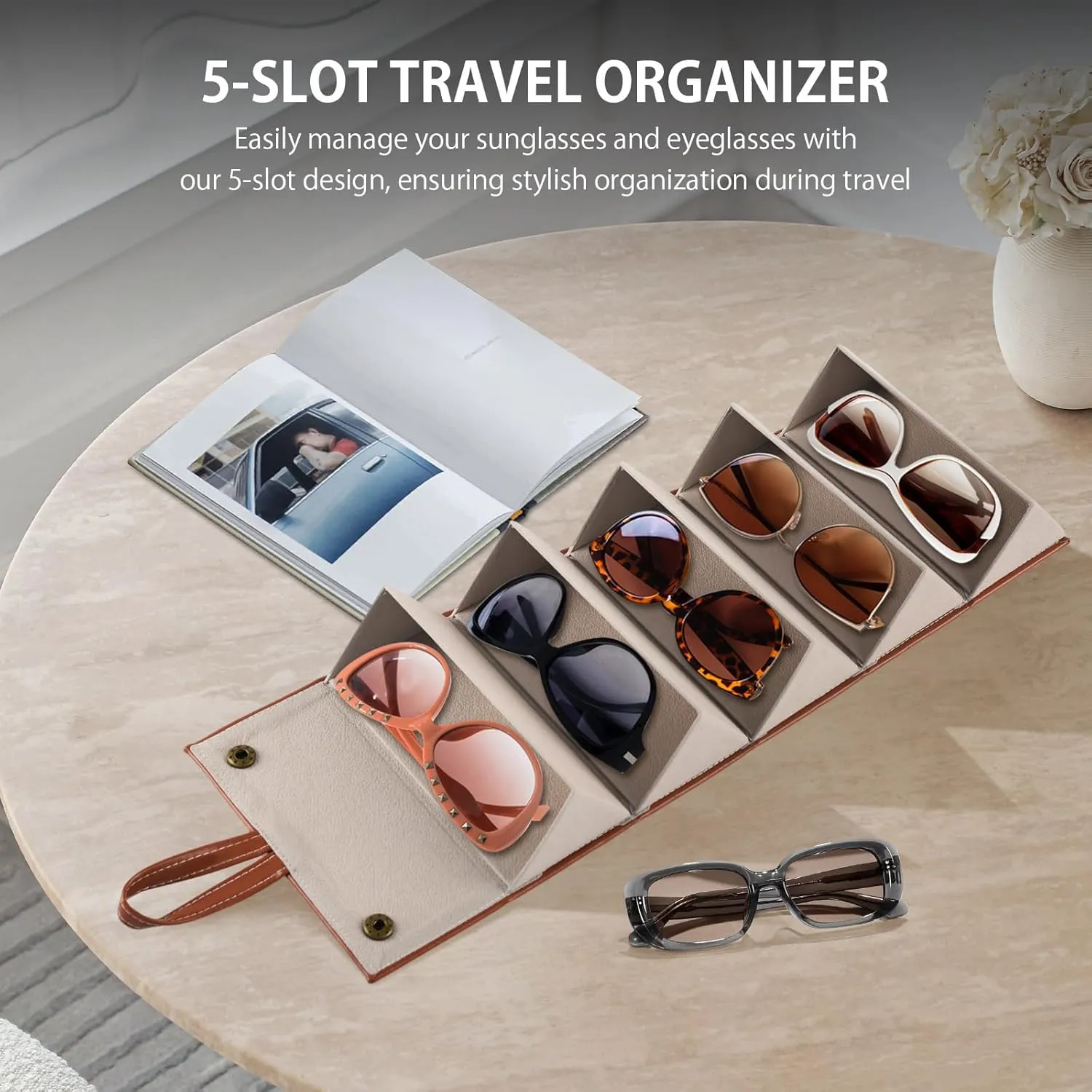 Travel Sunglasses Organizer Case with 5 Slots for Multiple Pairs, Portable Eyeglasses Storage for Men & Women