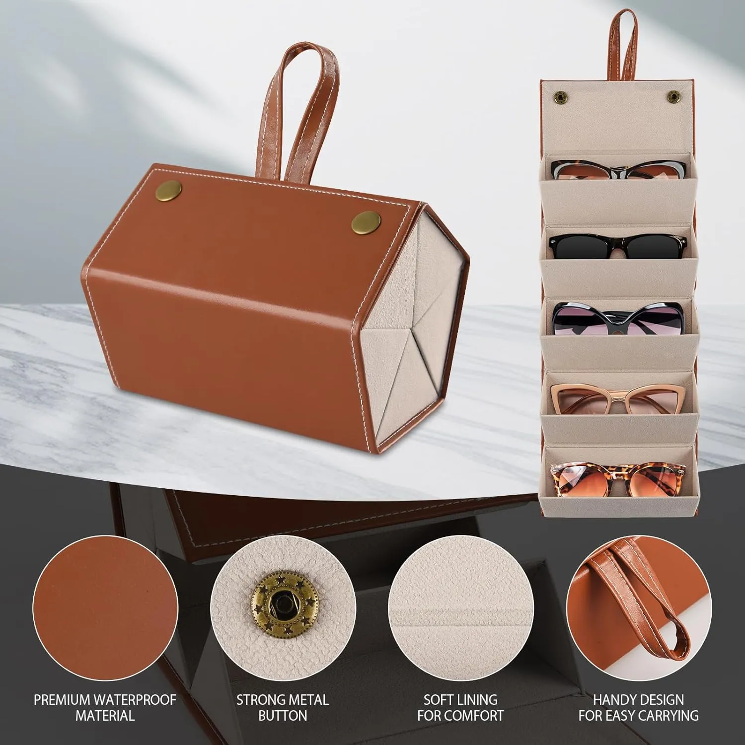 Travel Sunglasses Organizer Case with 5 Slots for Multiple Pairs, Portable Eyeglasses Storage for Men & Women