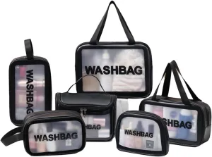 Travel Toiletry Bag for Men & Women, Clear Waterproof Cosmetic Organizer with Handles – Portable Translucent Skin Care Bag for Travel, Bathroom (PU/PVC, Zipper Closure) (Black, 6PCS)