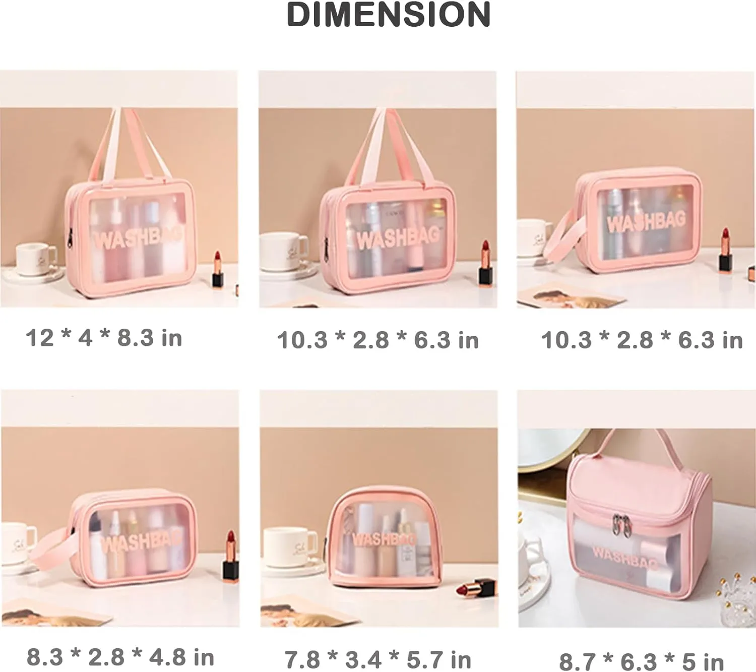 Travel Toiletry Bag for Men & Women, Clear Waterproof Cosmetic Organizer with Handles – Portable Translucent Skin Care Bag for Travel, Bathroom (PU/PVC, Zipper Closure) (Black, 6PCS)