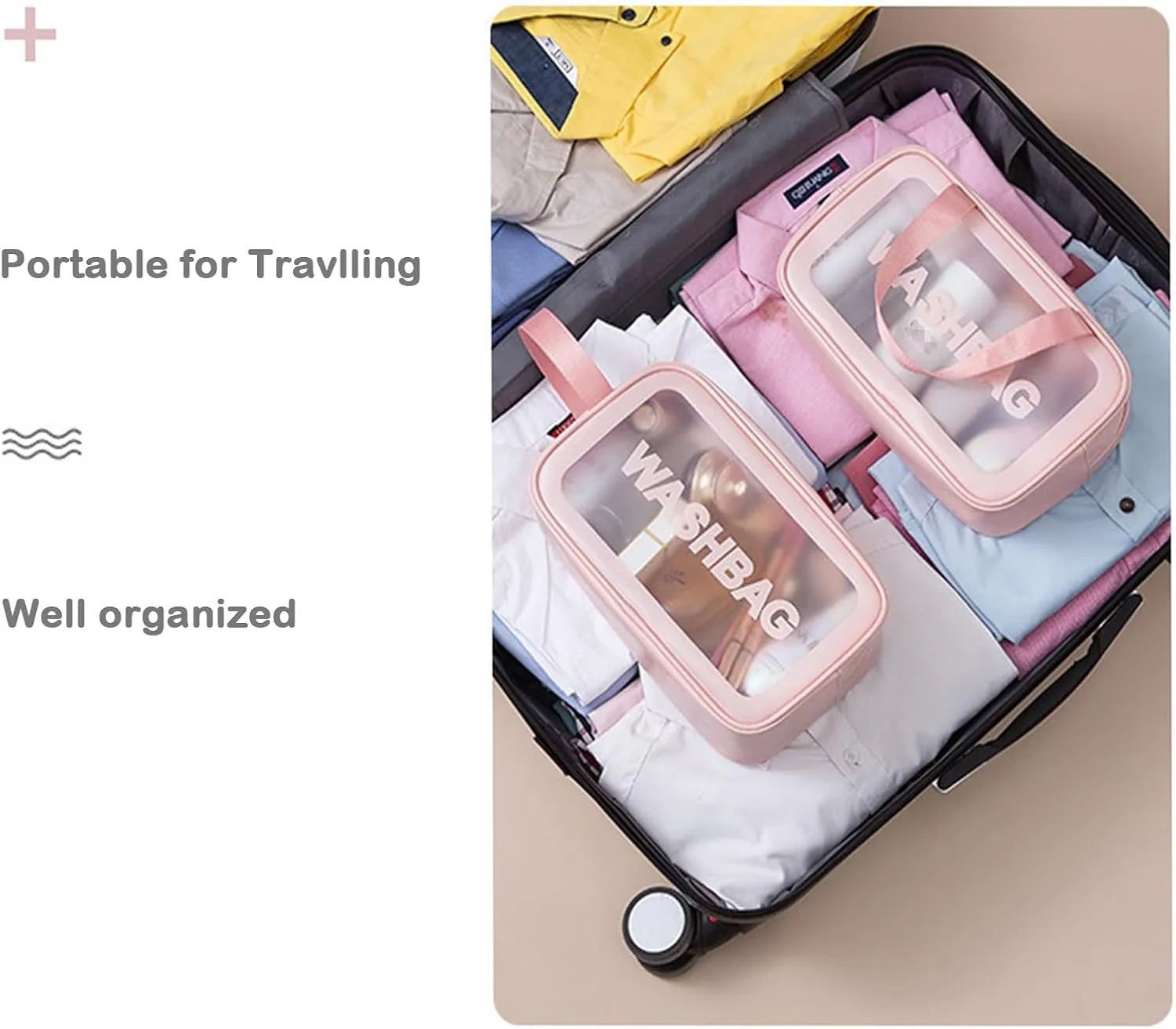 Travel Toiletry Bag for Men & Women, Clear Waterproof Cosmetic Organizer with Handles – Portable Translucent Skin Care Bag for Travel, Bathroom (PU/PVC, Zipper Closure) (Black, 6PCS)