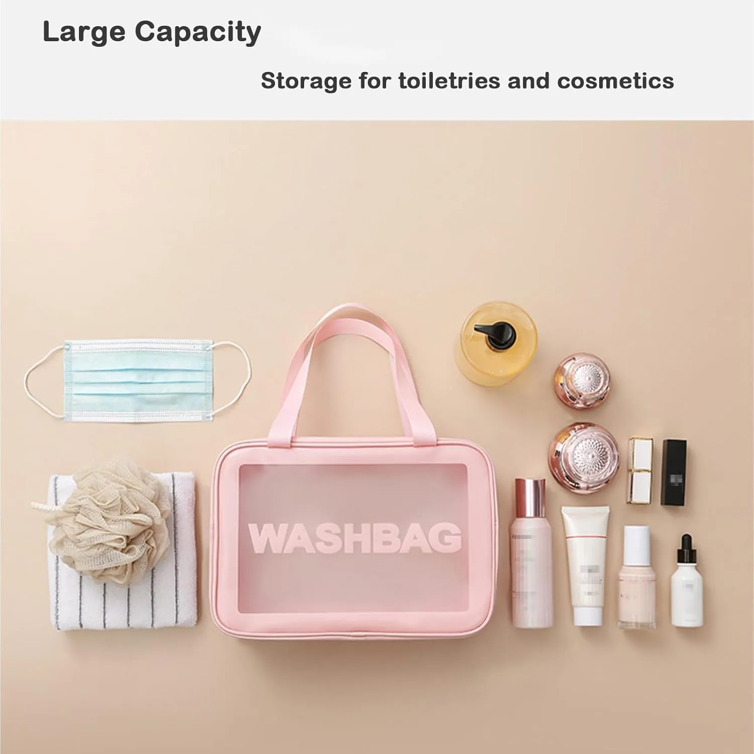 Travel Toiletry Bag for Men & Women, Clear Waterproof Cosmetic Organizer with Handles – Portable Translucent Skin Care Bag for Travel, Bathroom (PU/PVC, Zipper Closure) (Black, 6PCS)