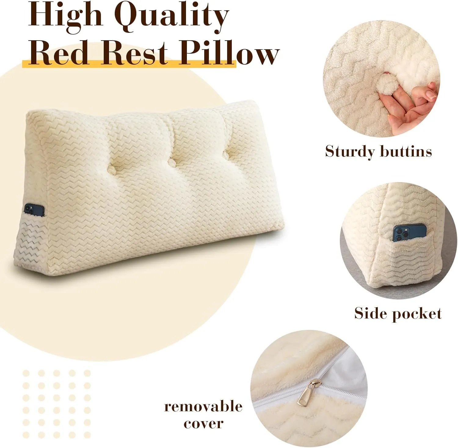 Triangular Headboard Pillow, Twin Size Backrest Wedge Pillow for Headboard Cushion, Removable Cover Bed Rest Positioning Support Couch Bolster Pillow with Pocket for Daybed Reading(Beige)