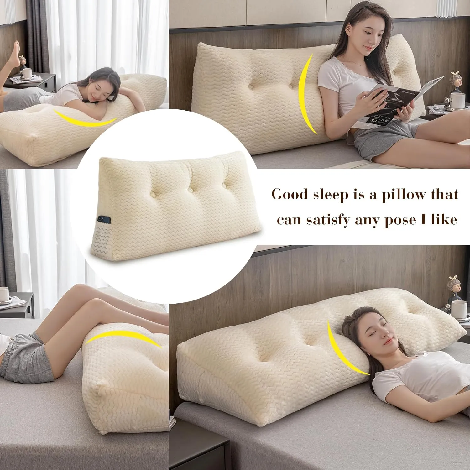 Triangular Headboard Pillow, Twin Size Backrest Wedge Pillow for Headboard Cushion, Removable Cover Bed Rest Positioning Support Couch Bolster Pillow with Pocket for Daybed Reading(Beige)