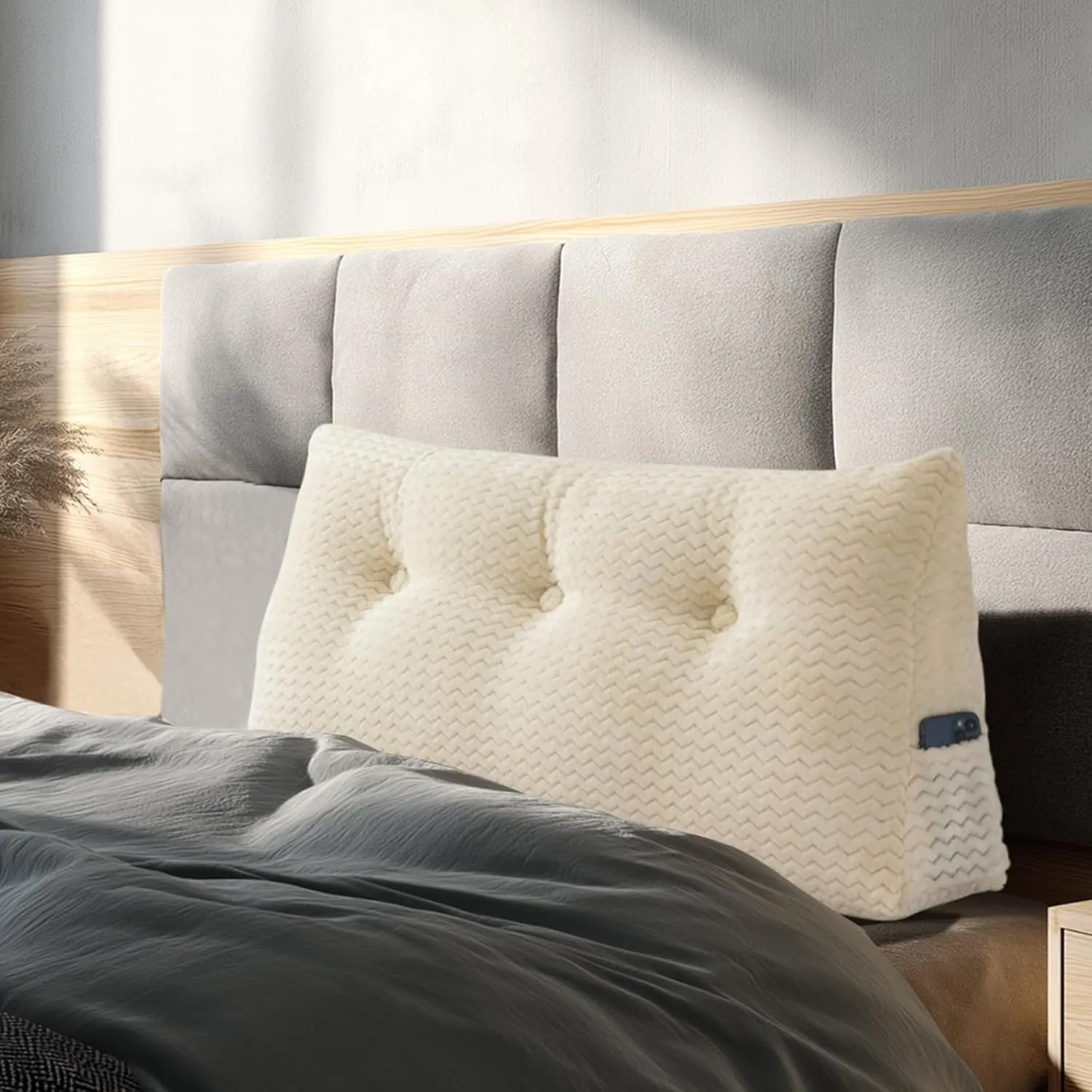 Triangular Headboard Pillow, Twin Size Backrest Wedge Pillow for Headboard Cushion, Removable Cover Bed Rest Positioning Support Couch Bolster Pillow with Pocket for Daybed Reading(Beige)