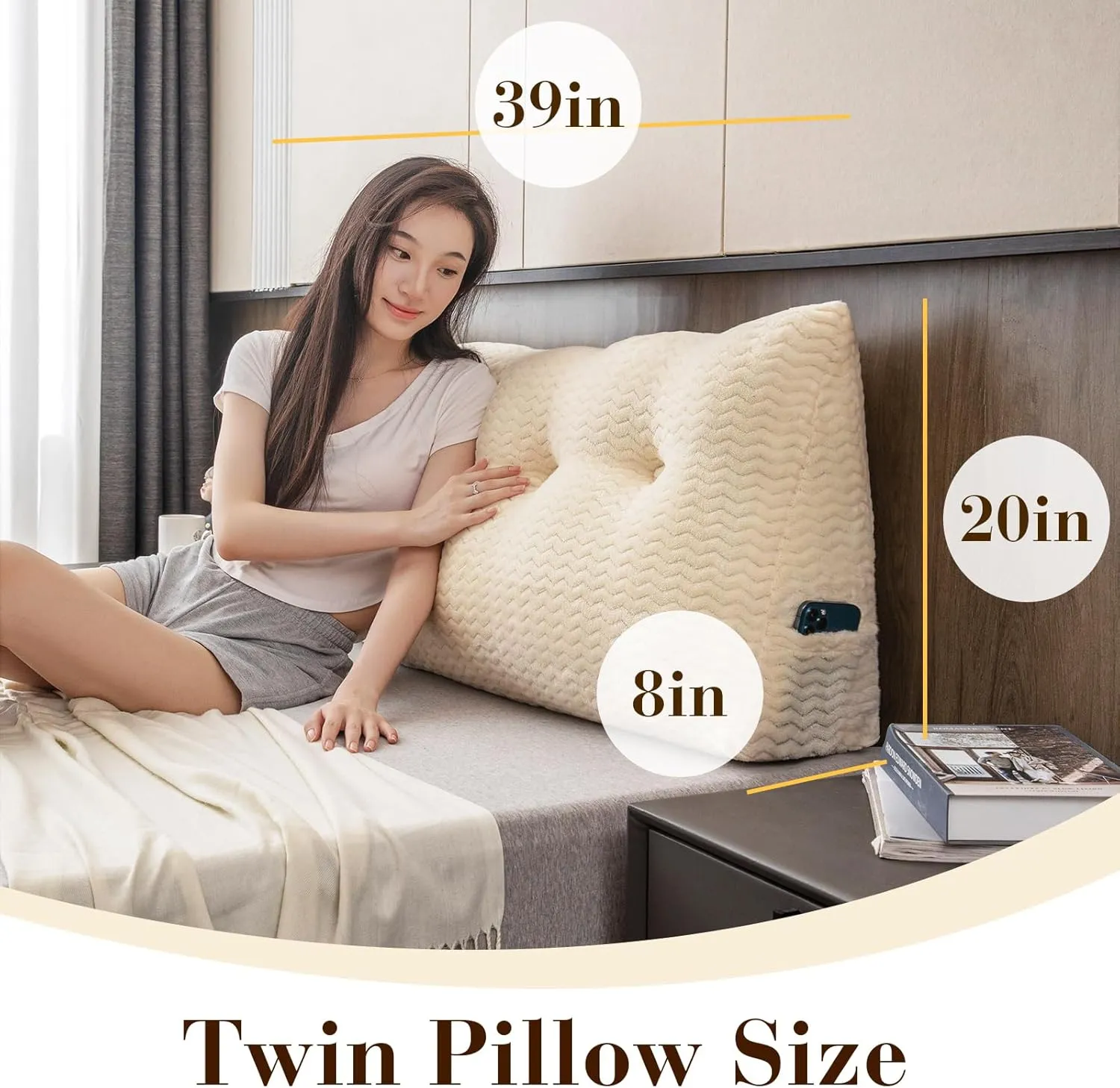 Triangular Headboard Pillow, Twin Size Backrest Wedge Pillow for Headboard Cushion, Removable Cover Bed Rest Positioning Support Couch Bolster Pillow with Pocket for Daybed Reading(Beige)